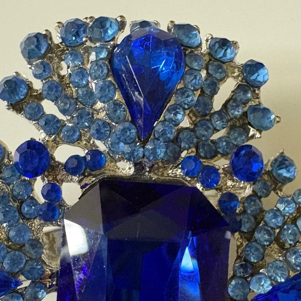 Blue Crystal Rhinestone Maltese Cross Brooch Pin Silver Tone Statement Jewelry